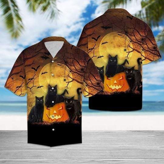 Felacia [Hawaii Shirt] Black Cat Pumpkin Halloween Pattern Hawaiian Aloha Shirts-ZX2240